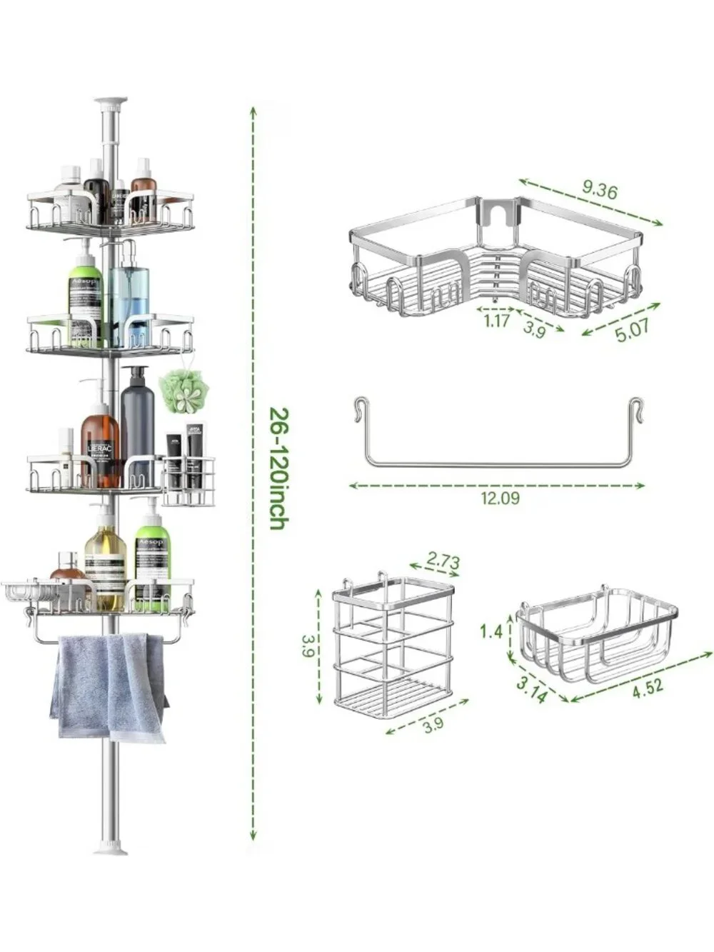 Adjustable 4-Tier Corner Shower Caddy Tension Pole - Stainless Steel Organizer